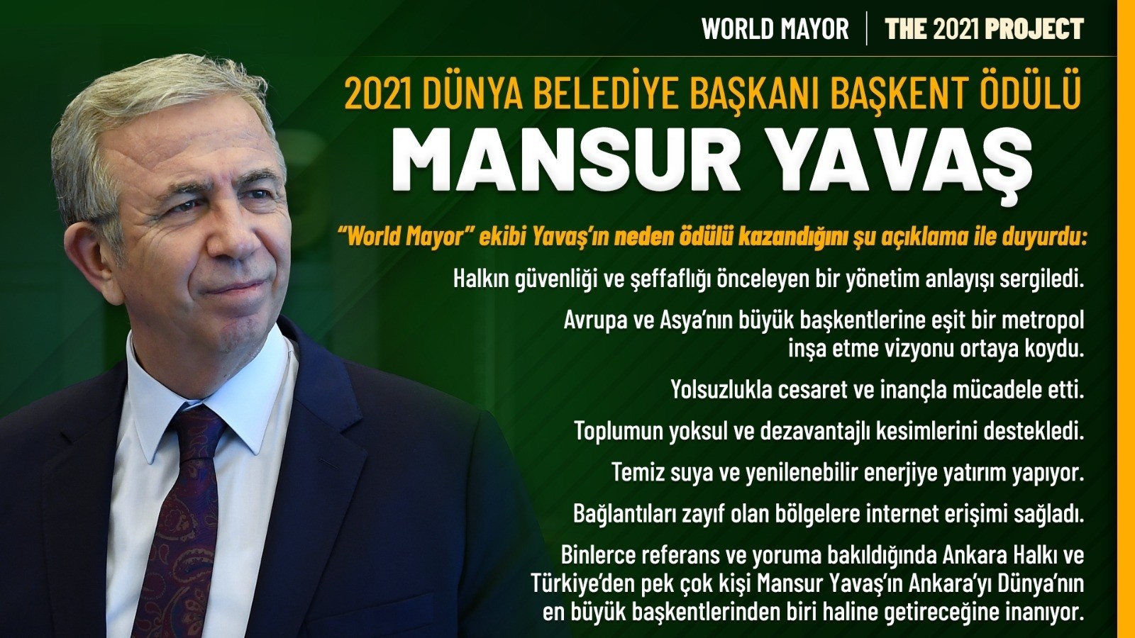 2021 Dünya Belediye Başkanı Başkent Ödülü Mansur Yavaş’ın